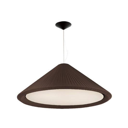 A studio view of the oversized Saigon-In 1300 architectural pendant light showcasing its rich brown ribbon shade and sleek black hardware against a white background, featured in the VXR Space collection.