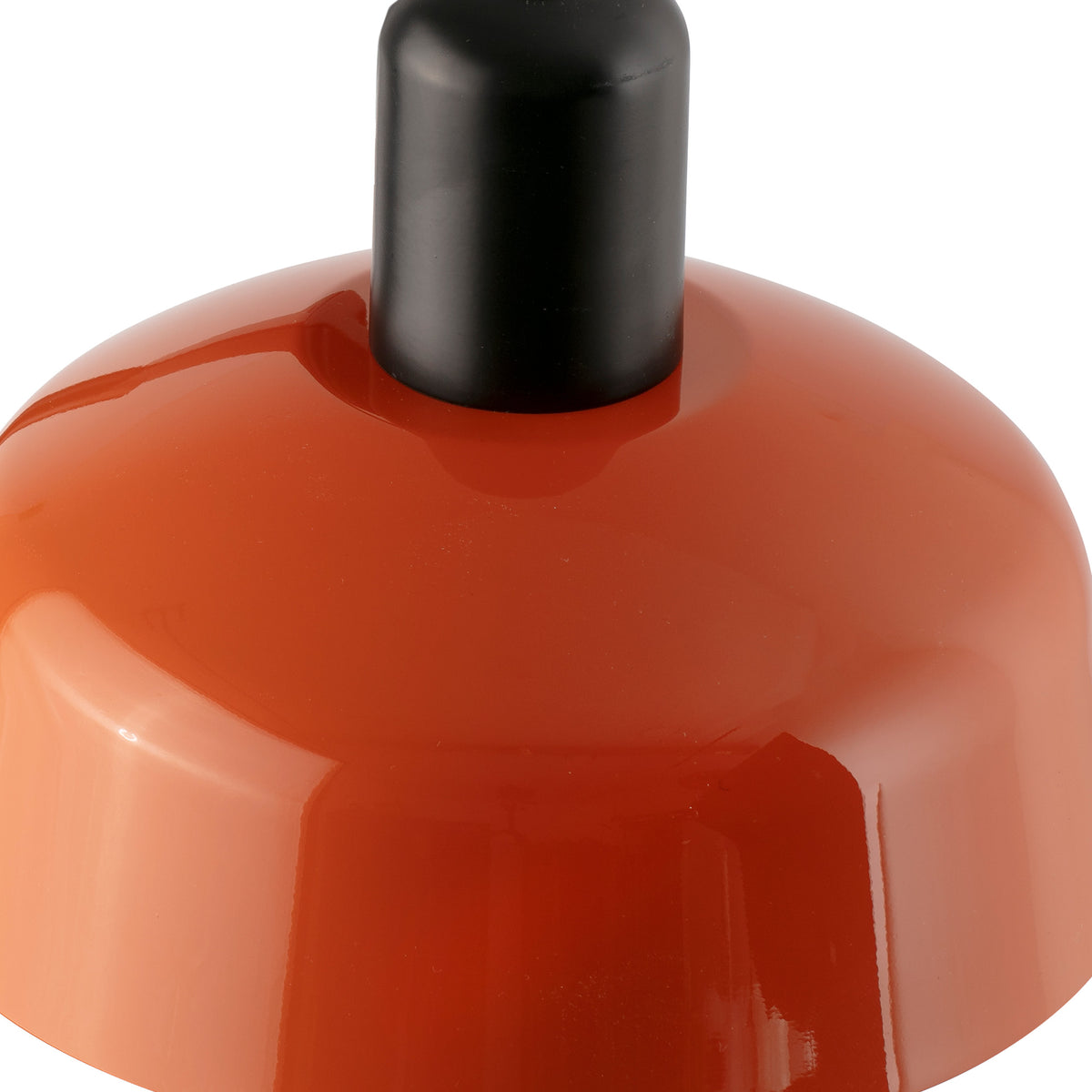 A close-up view of the Tatawin pendant lamp by Faro Barcelona, highlighting the vibrant glossy reddish-orange steel shade and the sleek satin black fitting. Find this designer fixture at the VXR Space store.