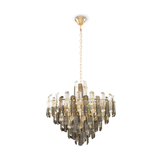 Chandelier with clear and gold accents on a white background