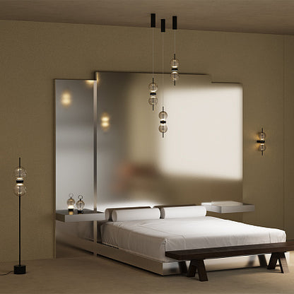 Modern bedroom with a bed, mirror, and decorative lights Maytoni.