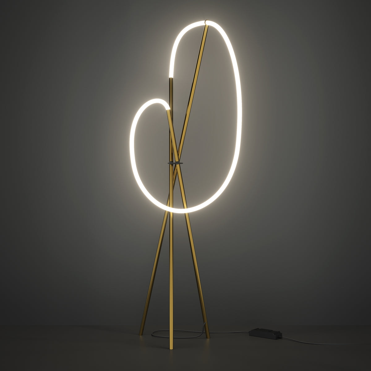Modern floor lamp with circular light design on a dark background