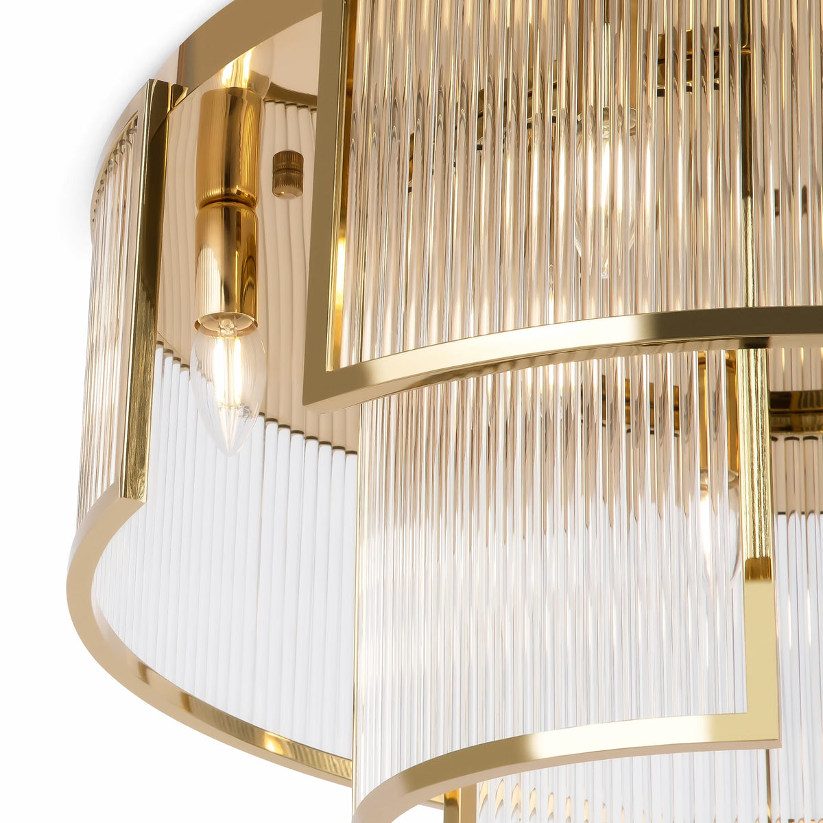 Gold ceiling light fixture with ribbed glass shade on a white background. Featured in the VXR Space lighting collection.