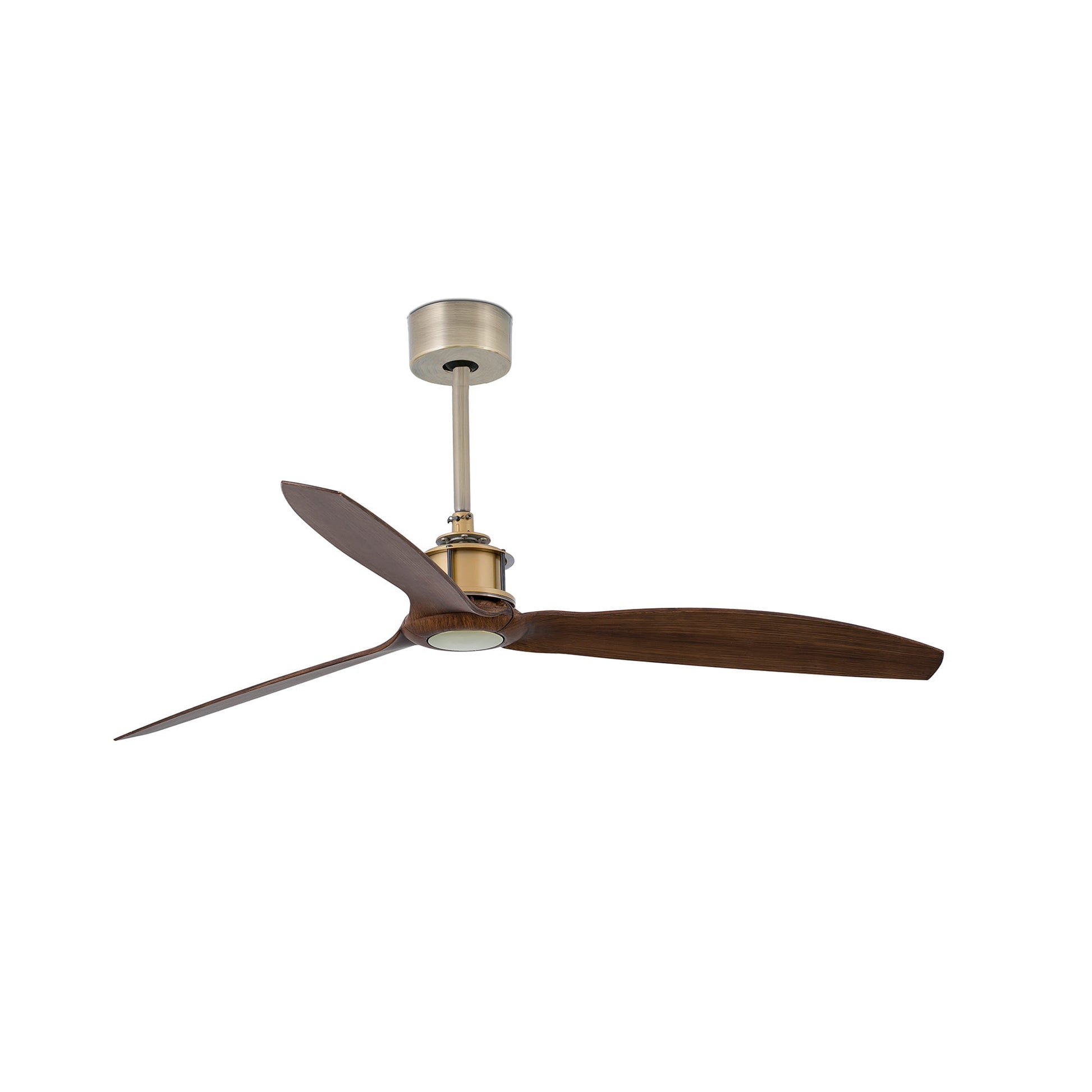 Ceiling fan with wooden blades and metallic finish on a white background