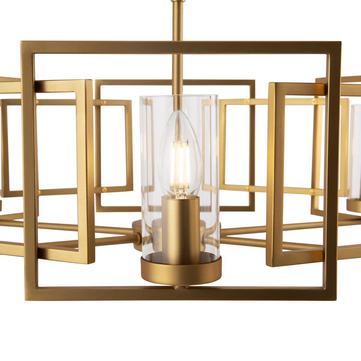 Gold chandelier with glass shades on a white background