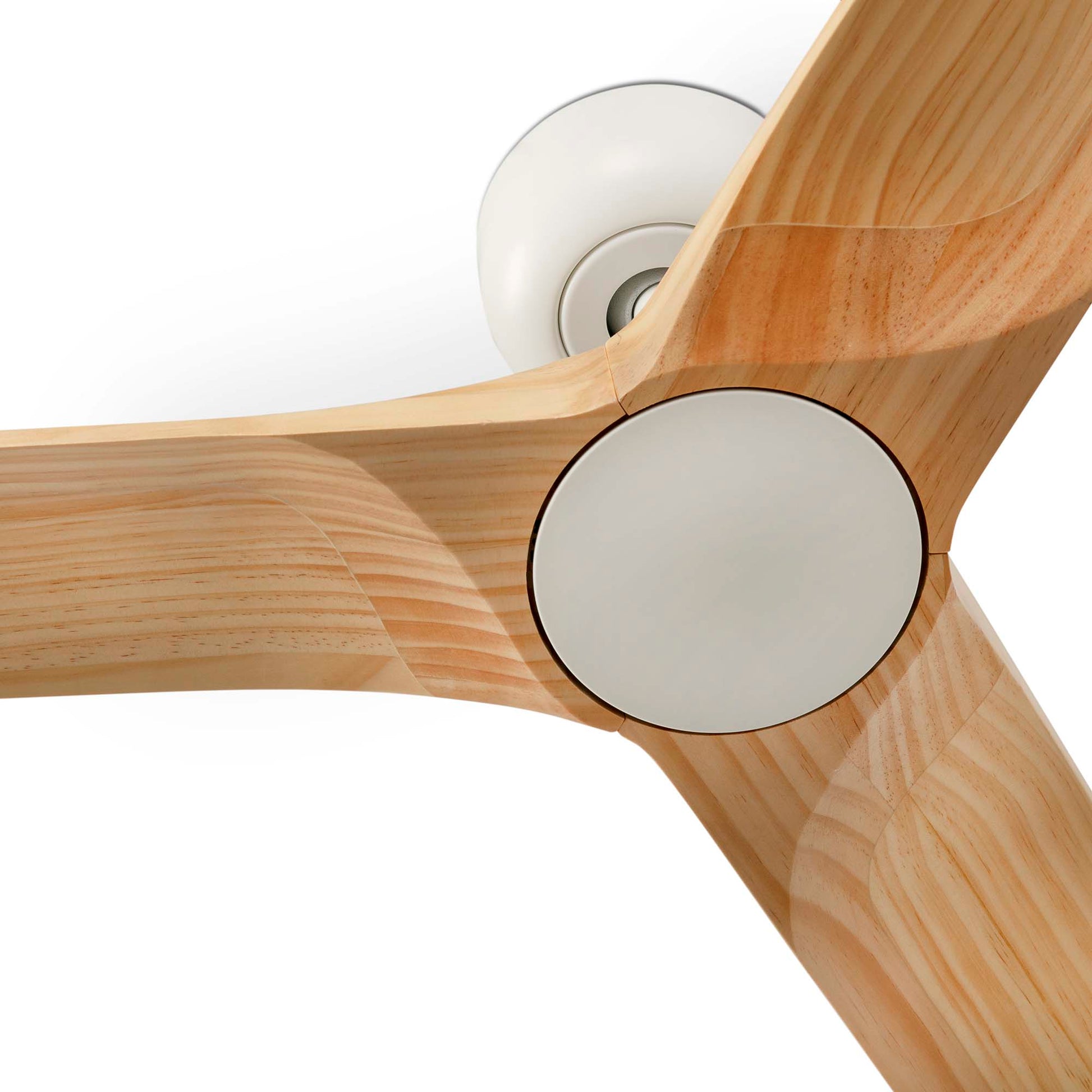 Close-up of a ceiling fan with wooden blades on a white background