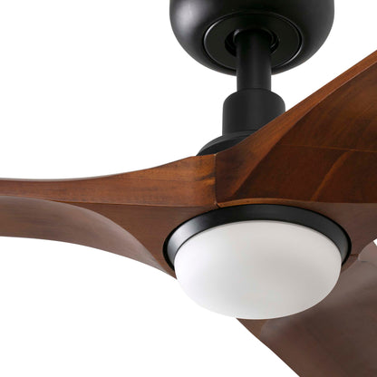 Ceiling fan with wooden blades and a light fixture on a white background