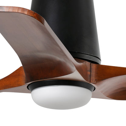 Close-up of a ceiling fan with wooden blades on a white background