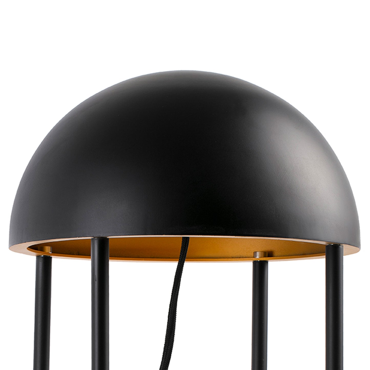 Black dome-shaped floor lamp with metallic interior on a white background