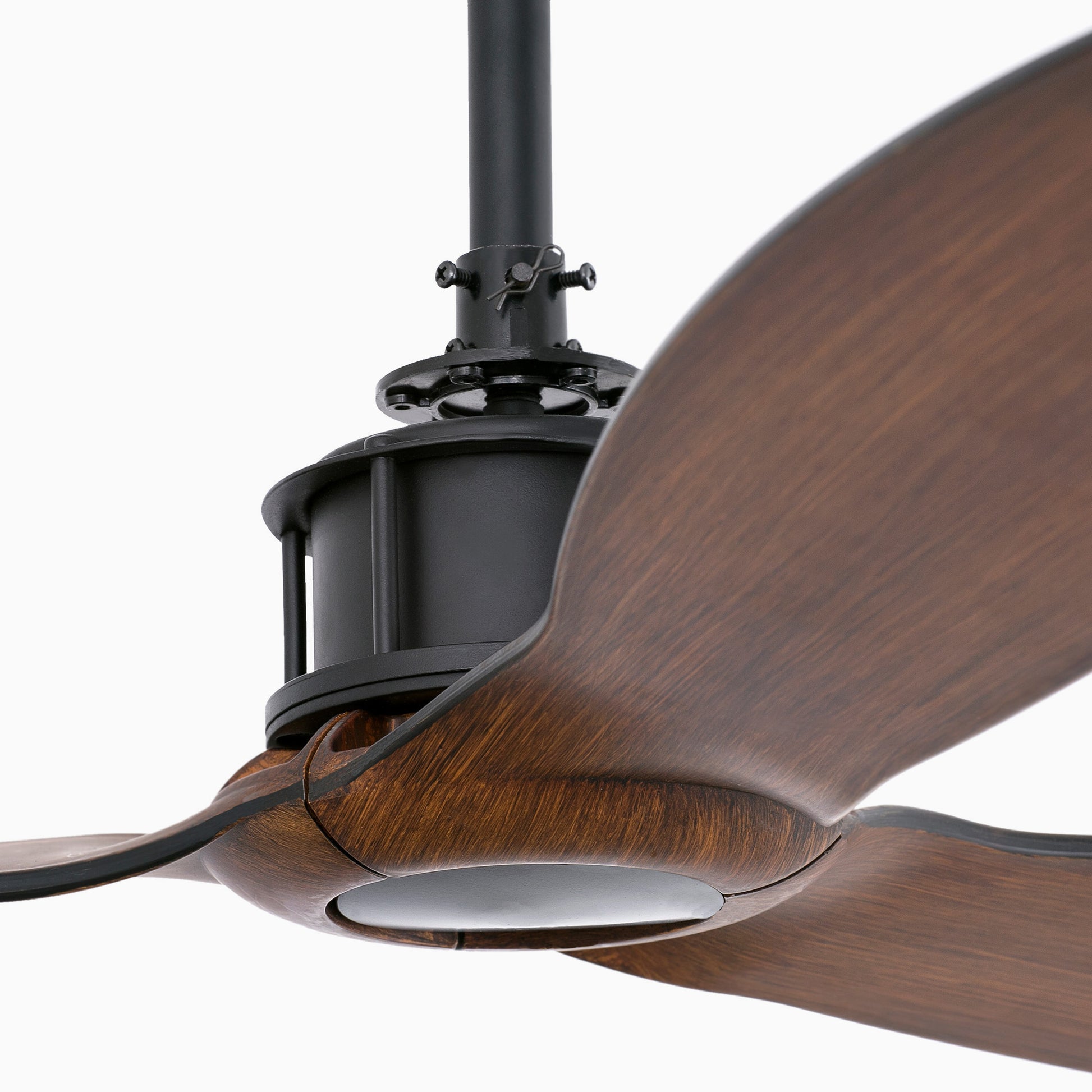 Ceiling fan with wooden blades on a white background