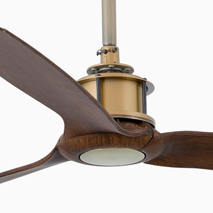 Ceiling fan with wooden blades and brass finish on a white background