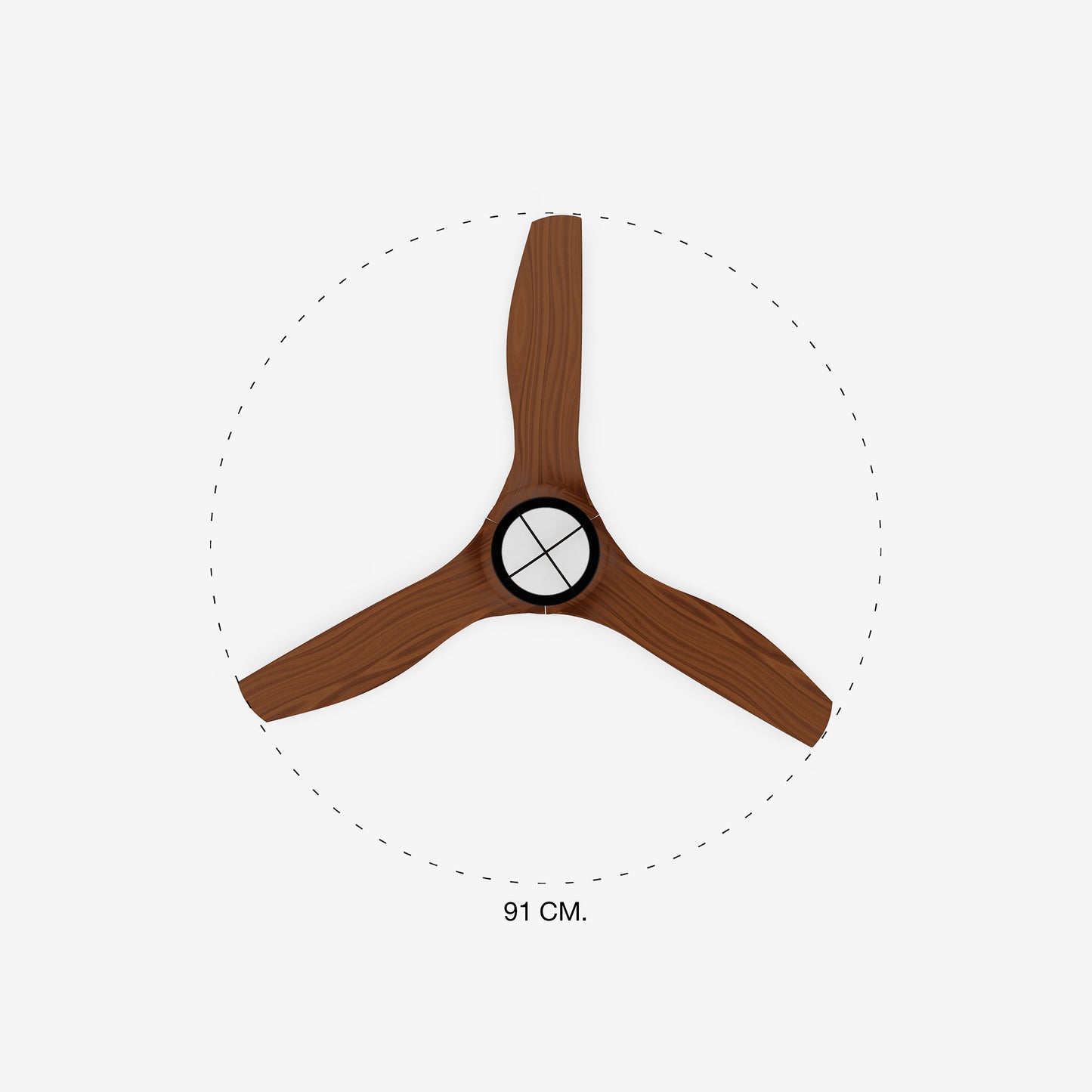 Wooden ceiling fan blade with measurement on a white background