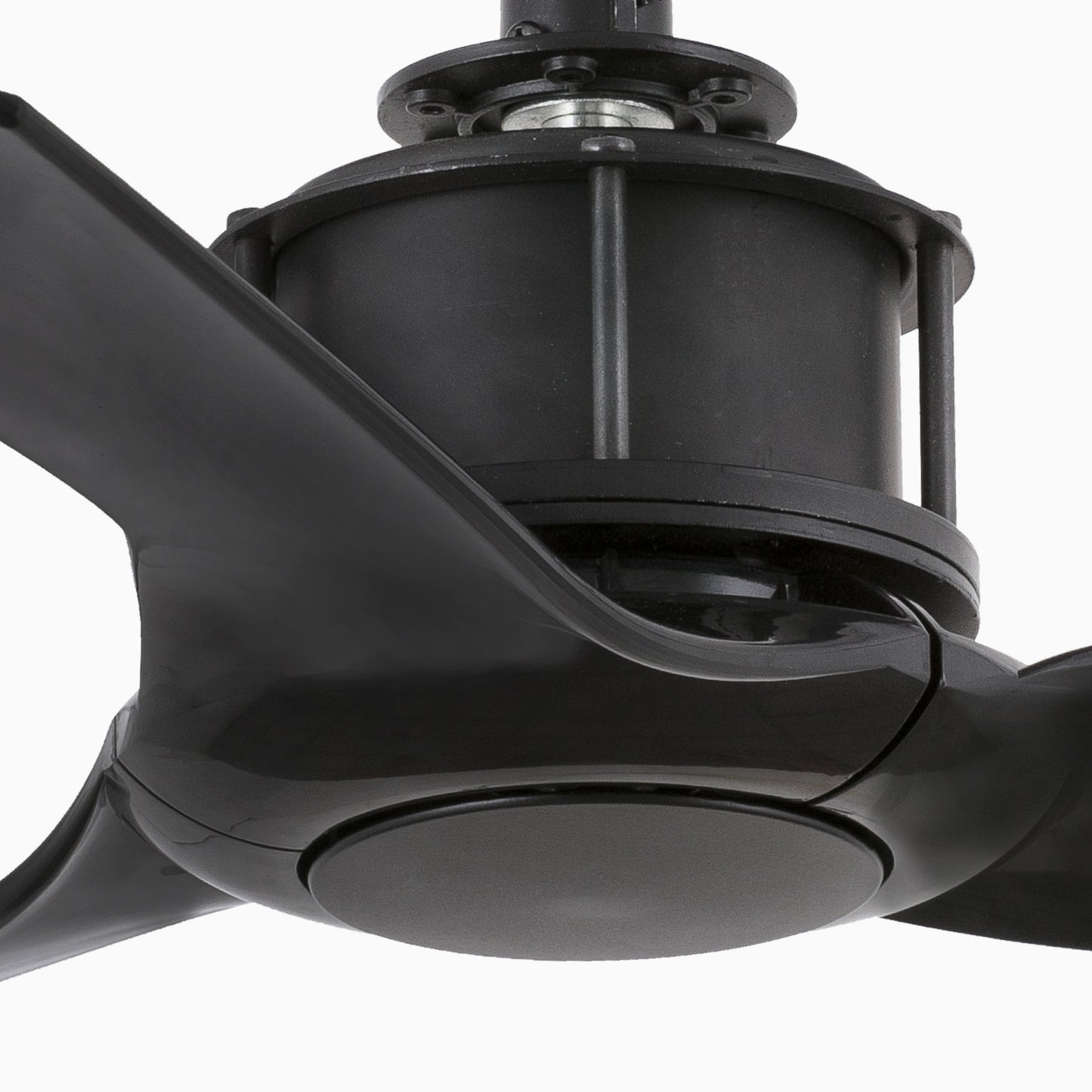 Close-up of a black ceiling fan on a white background