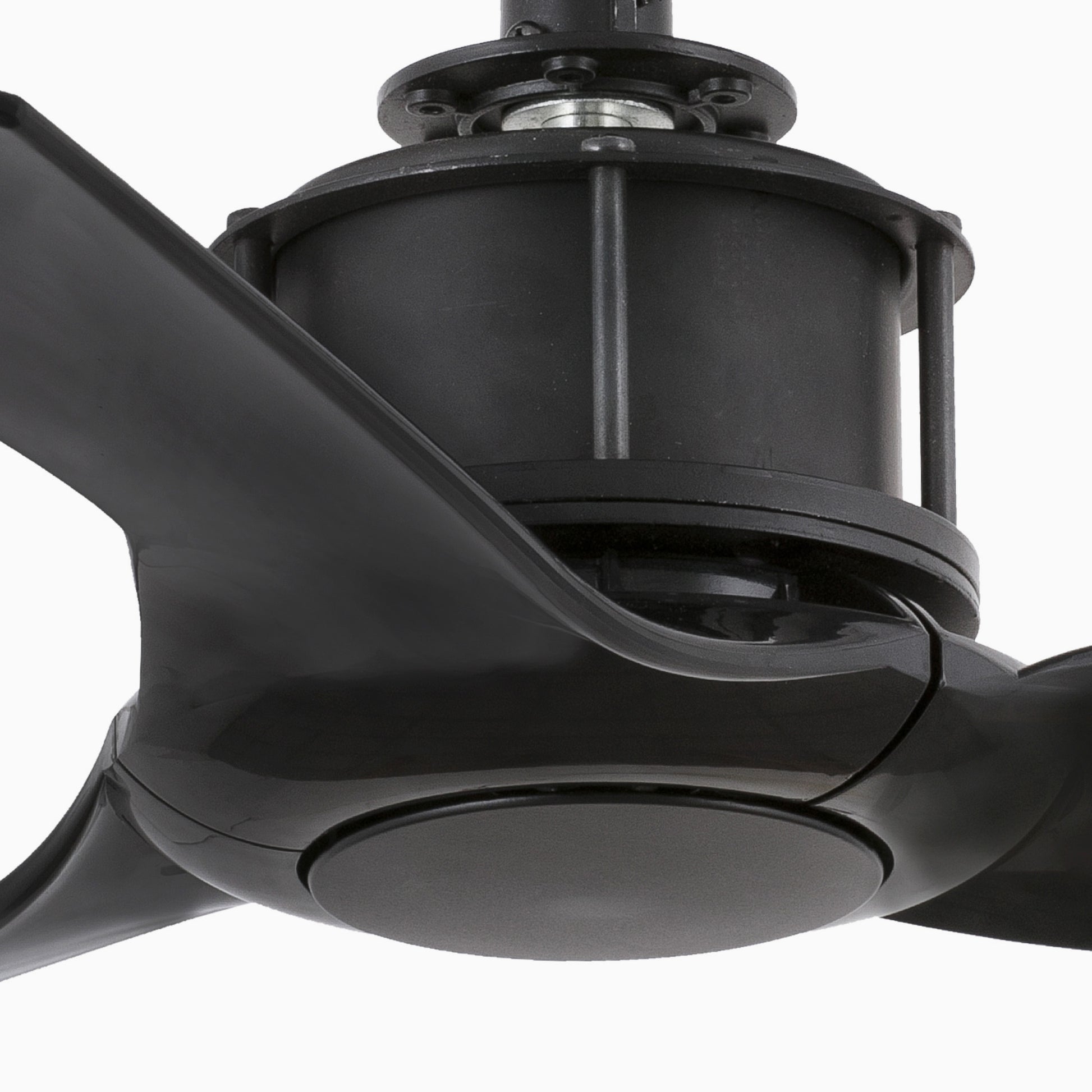 Close-up of a black ceiling fan on a white background