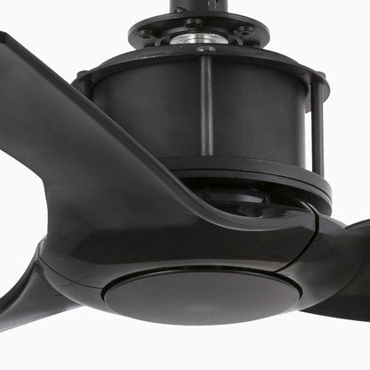 Close-up of a black ceiling fan on a white background