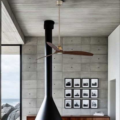 Modern living room with a large black fireplace, wooden furniture, and framed pictures on the wall.