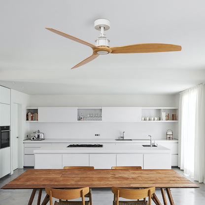 Modern kitchen with wooden dining table and chairs, ceiling fan, and white cabinetry.