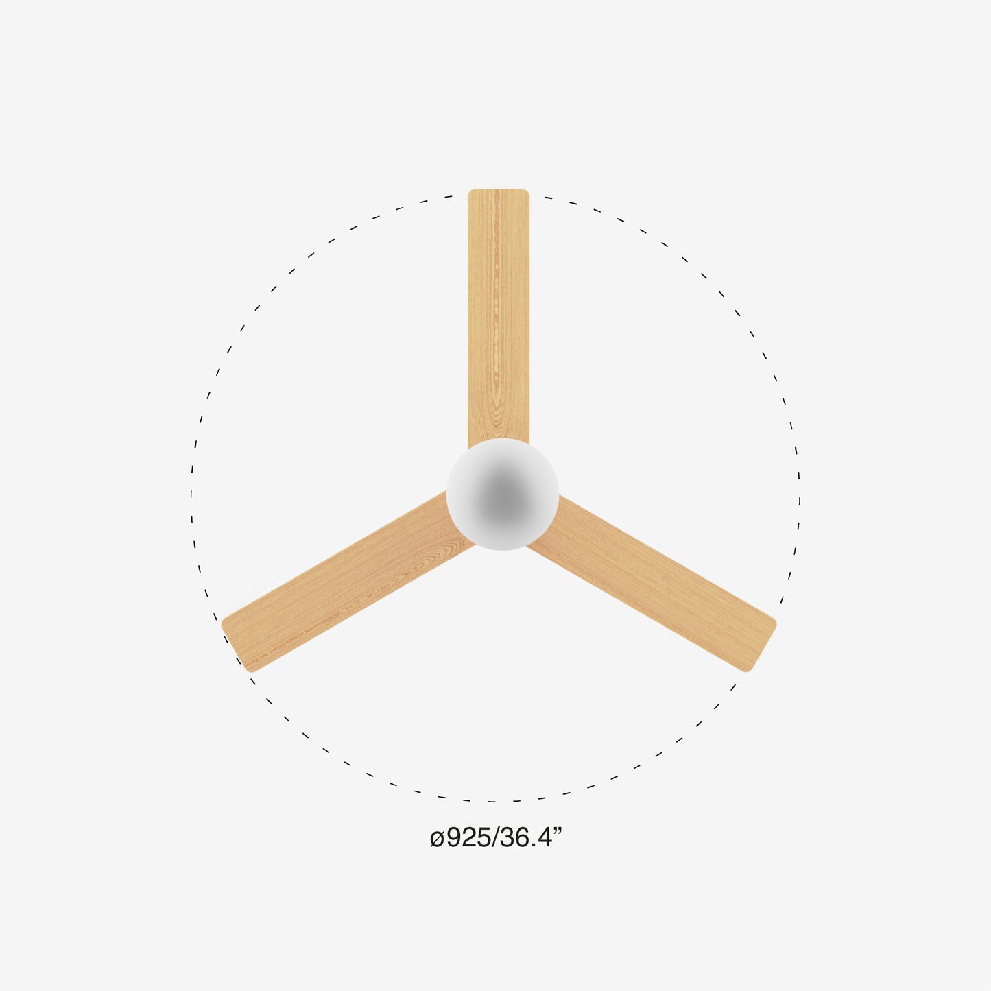 Ceiling fan with wooden blades and white light bulb on a gray background