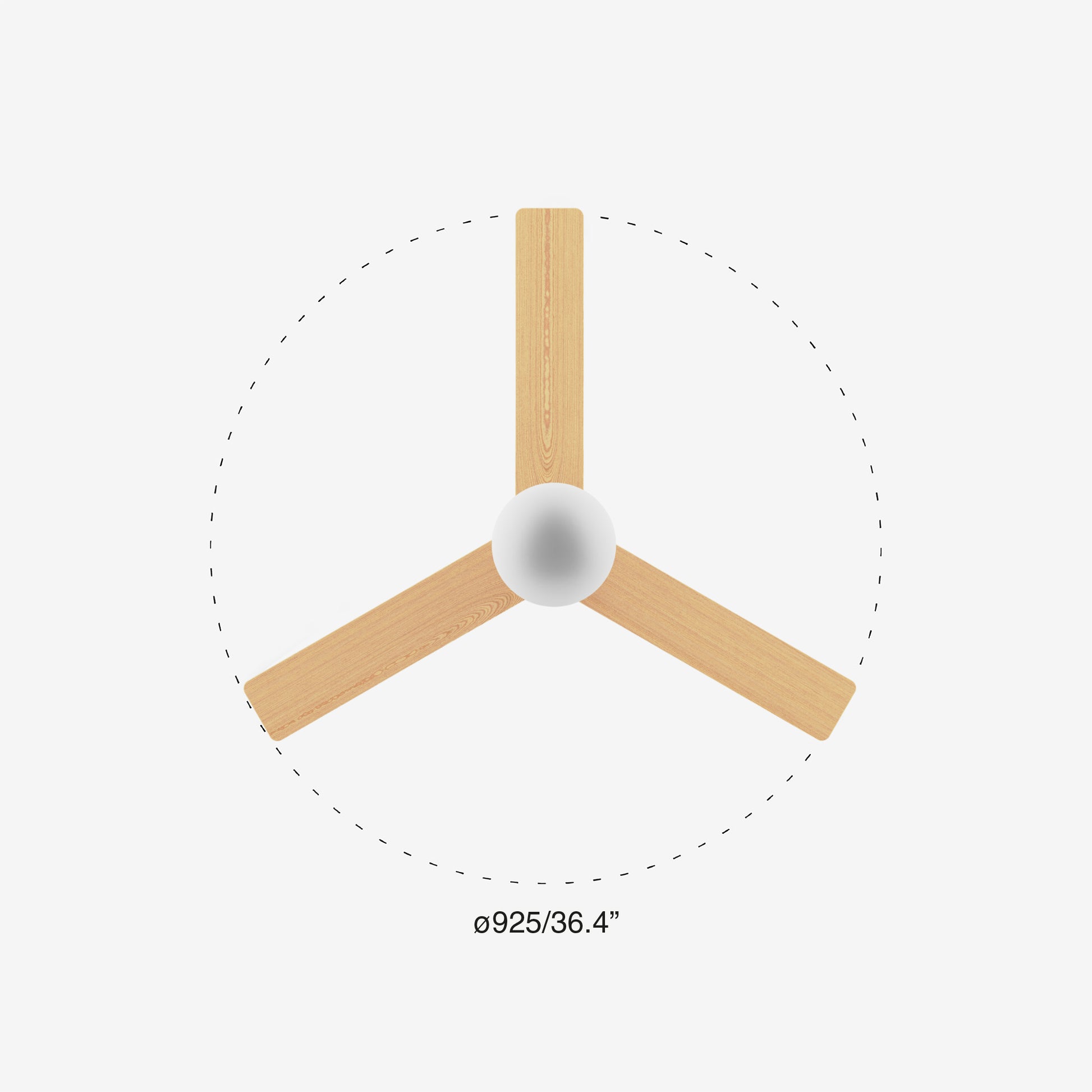 Ceiling fan with wooden blades and white light bulb on a gray background