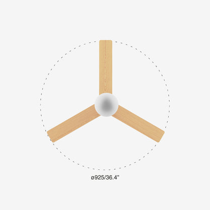 Ceiling fan with wooden blades and white light bulb on a gray background