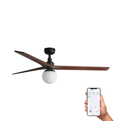 Ceiling fan with wooden blades and a light bulb, held by a hand with a smartphone displaying a fan control app on a white background.
