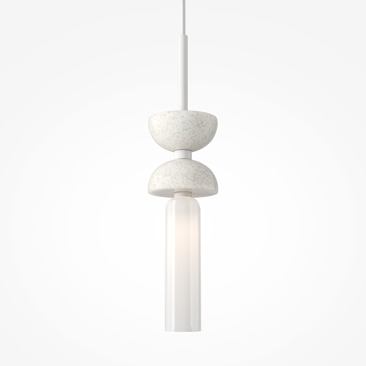 Modern pendant light with white stone-like finish on a white background