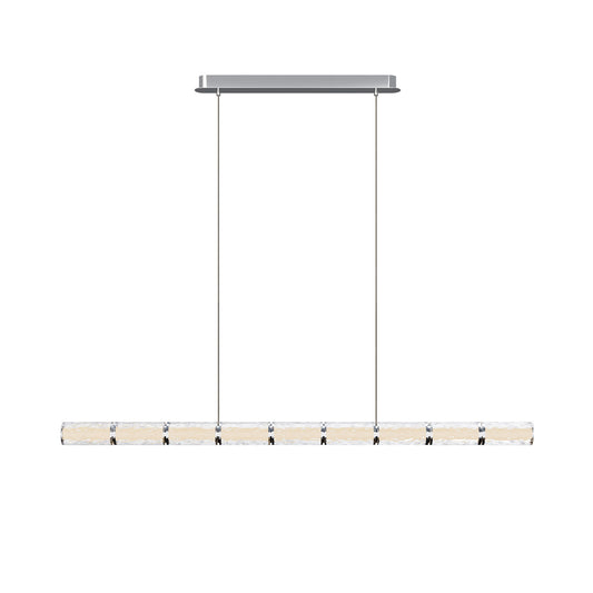 Studio view of the Love 131.5cm linear LED pendant light in a polished chrome finish with textured acrylic elements against a white background. Available to buy at the VXR Space store.