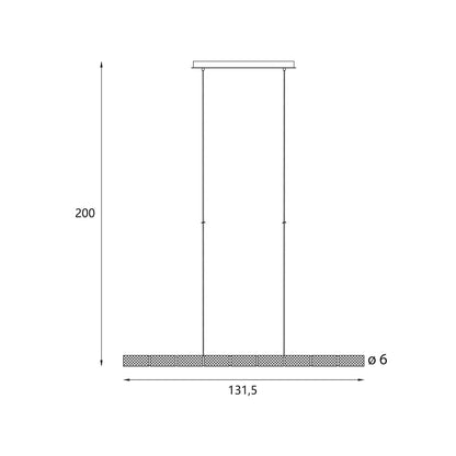 Technical dimension diagram of the Love 131.5cm linear LED pendant light showing a maximum suspension height of 200 cm, length of 131.5 cm, and profile diameter of 6 cm. Available to buy at the VXR Space store.