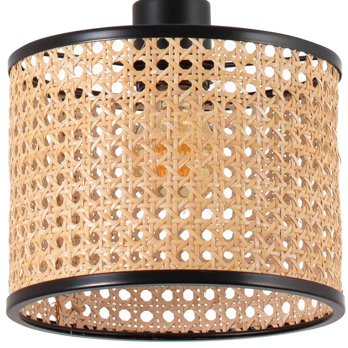 A cylindrical pendant light shade made of natural woven rattan or cane with black metal top and bottom rims, shown against a plain white background.