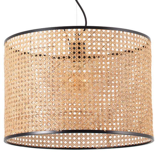 A drum-shaped pendant light shade made of natural woven rattan or cane with black metal rim accents and a black hanging cord, shown against a plain white background.