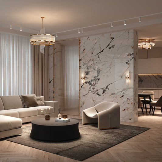 Modern living room with marble wall, beige sofa, and round coffee table.