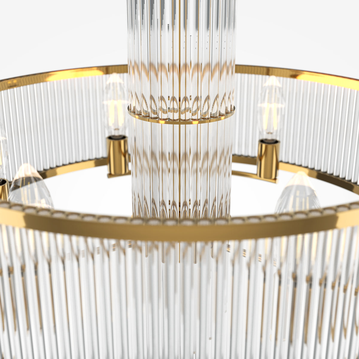 Chandelier with gold frame and clear glass rods on a white background