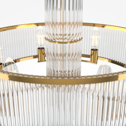 Chandelier with gold frame and clear glass rods on a white background