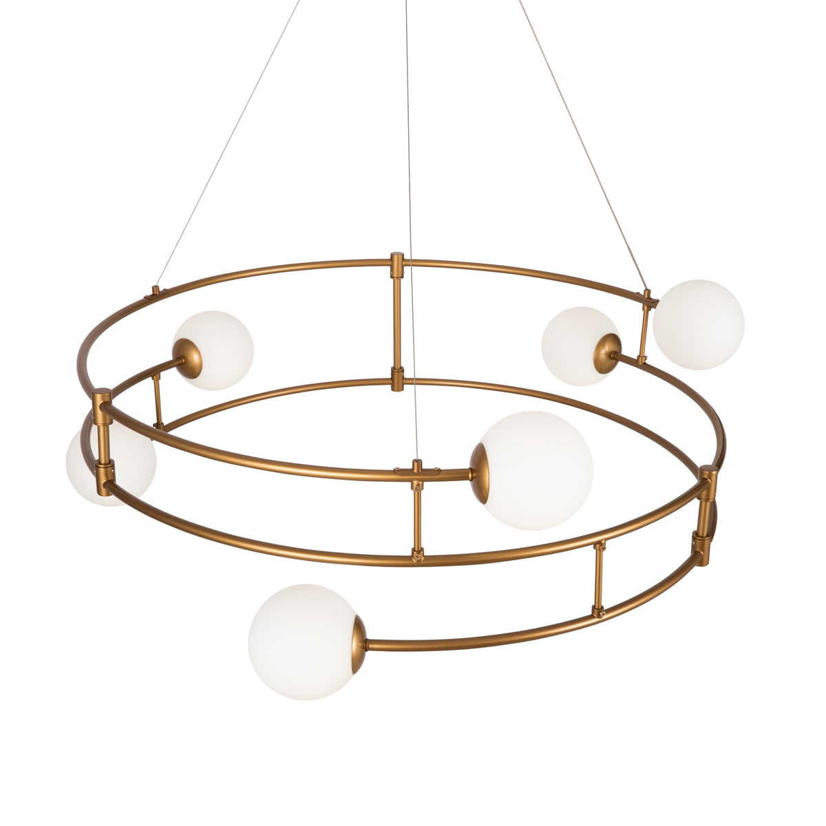 Chandelier with gold frame and white glass spheres on a white background