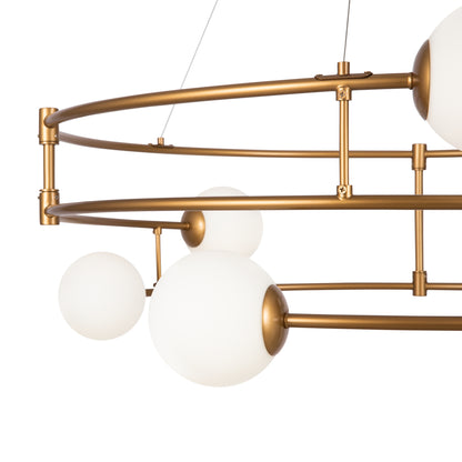 Gold chandelier with white glass globes on a white background