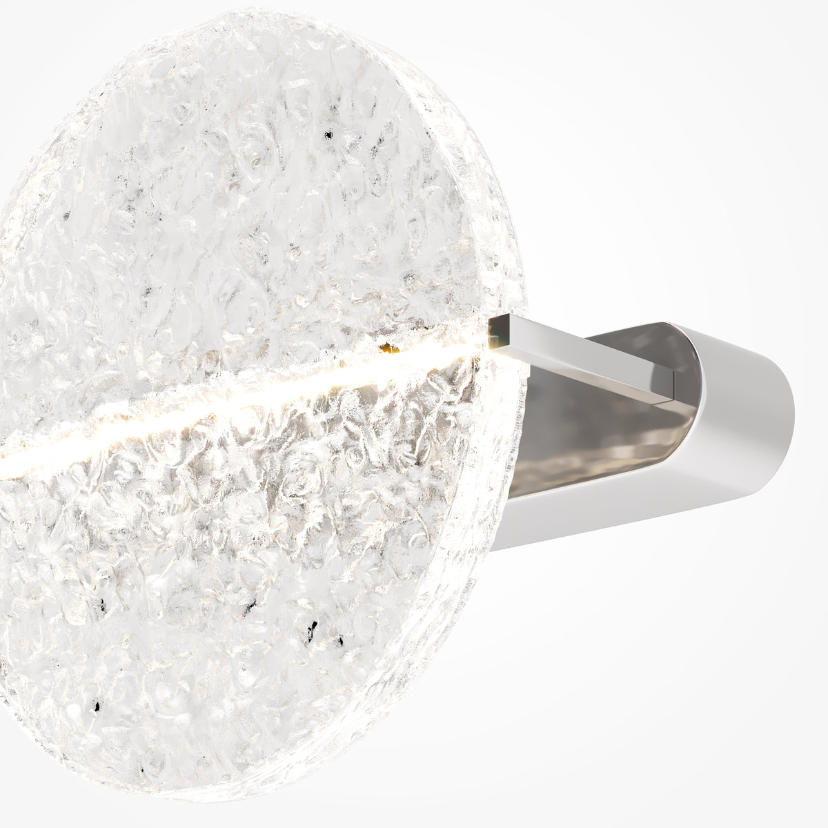 A front view of the Mangata LED wall lamp by Maytoni. The fixture showcases a glowing horizontal chrome band crossing a circular, clear textured acrylic shade, set against a plain white backdrop.