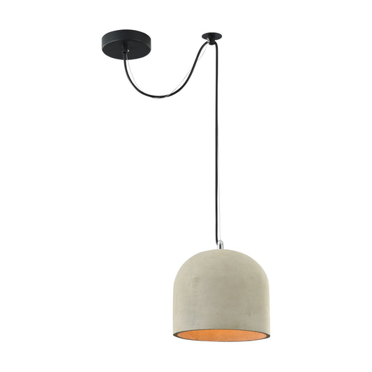 The Maytoni Broni industrial pendant light isolated on a white background. It features a textured raw concrete dome shade with a warm glowing interior, suspended by a black cable with a flexible offset ceiling mount.