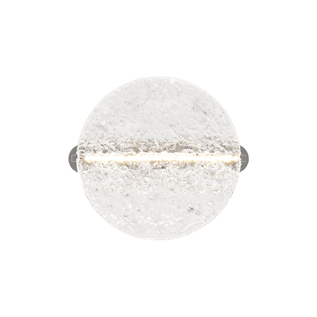 The Maytoni Mangata modern wall sconce isolated on a white background. It features a round, textured acrylic disc resembling crushed ice, softly illuminated by a horizontal chrome LED bar.