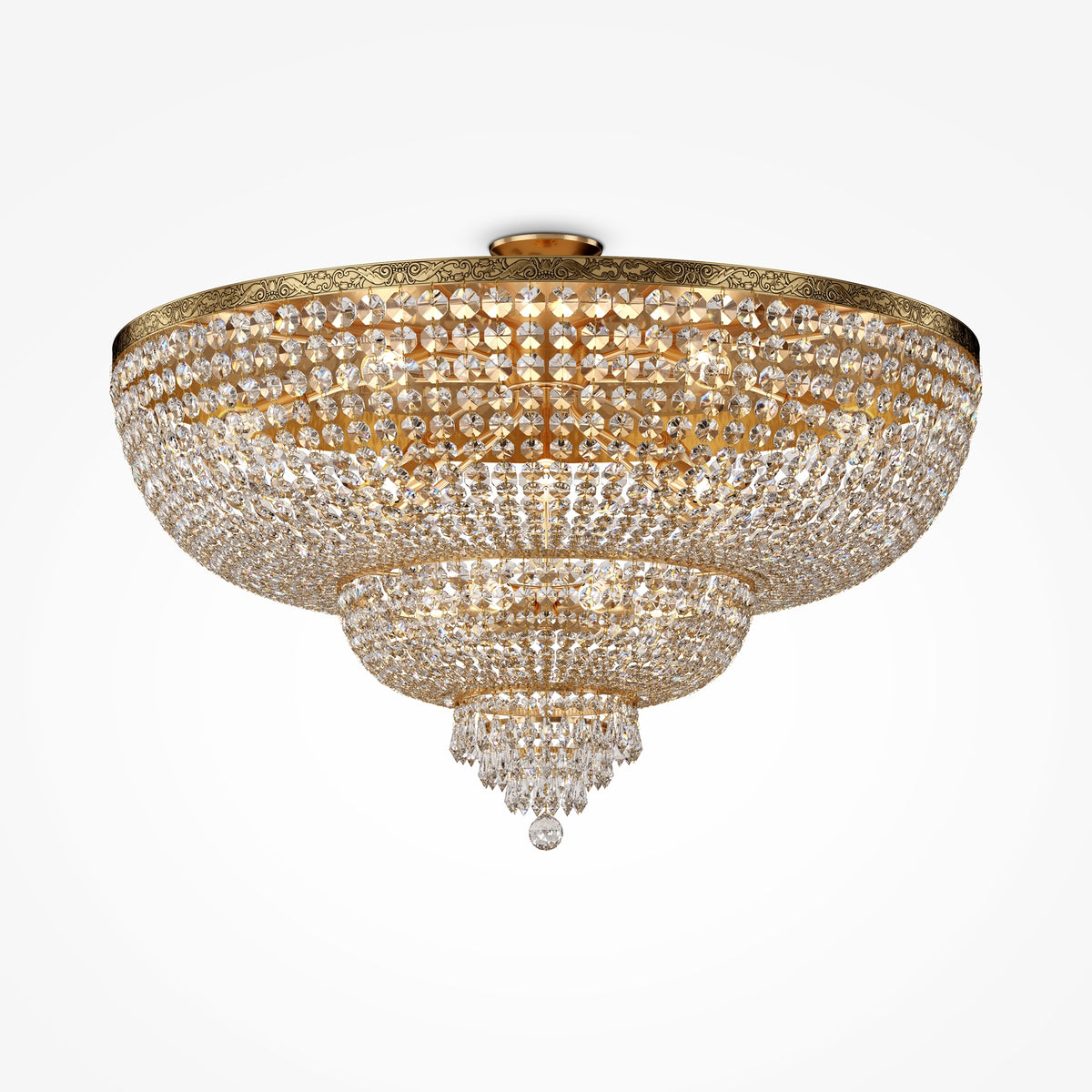 The Palace 1000mm luxury gold crystal chandelier by Maytoni featuring cascading faceted crystal tiers and an ornate gold rim on a white background. Available to buy at the VXR Space store