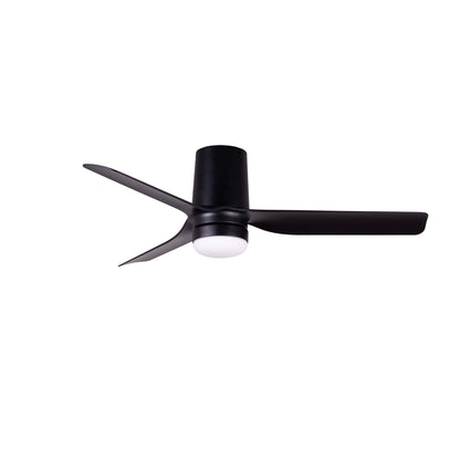 Black ceiling fan with light on a white background