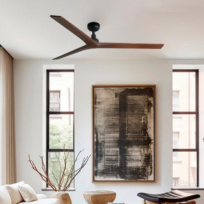 Modern living room with white walls, large windows, and a ceiling fan.