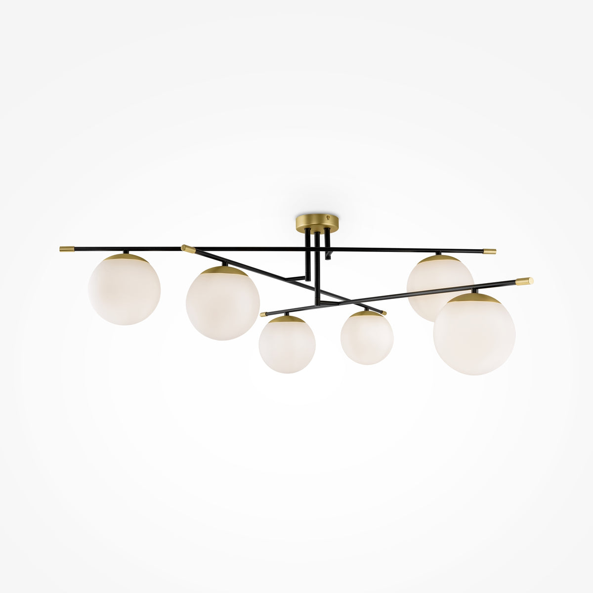 Modern ceiling light fixture with six round glass shades on a white background