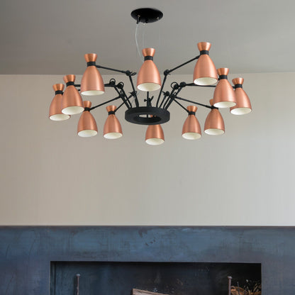 Modern chandelier with copper-colored lights in a living room setting.