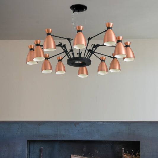 Modern chandelier with copper-colored lights in a living room setting.