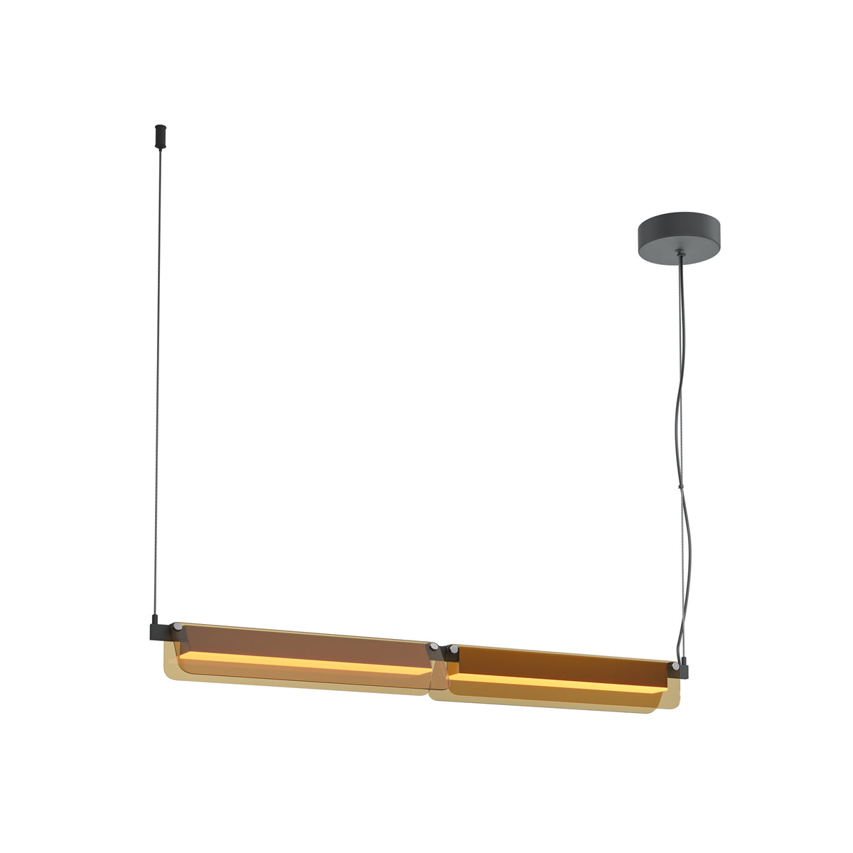 Modern pendant light with gold finish and black accents on a white background