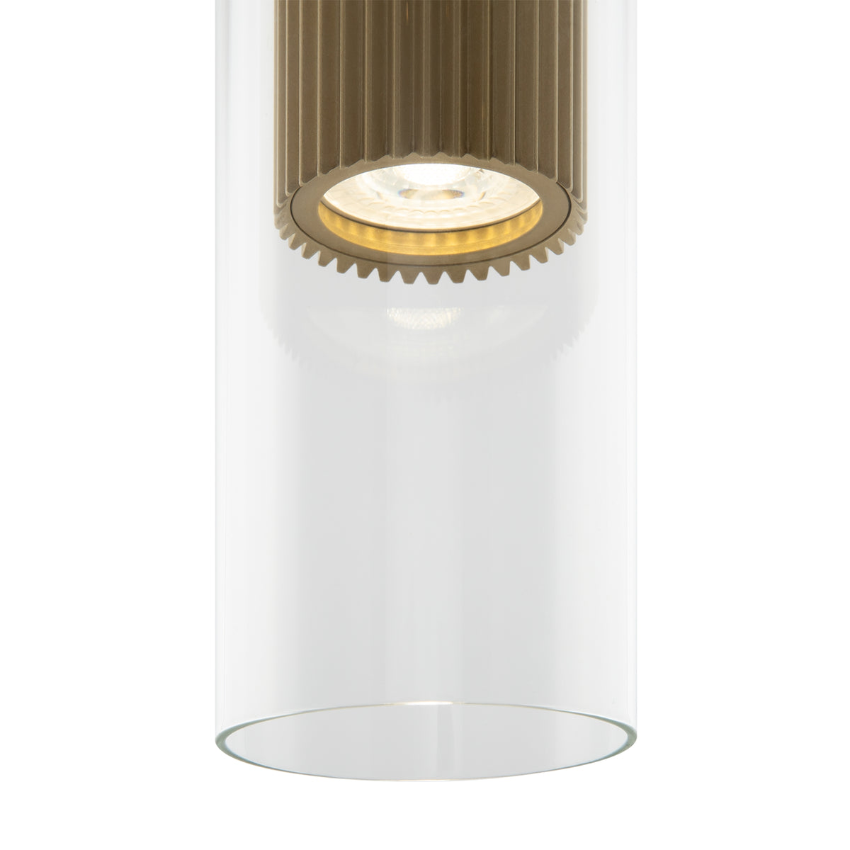 Modern pendant light with a white glass shade and gold metal fixture on a white background