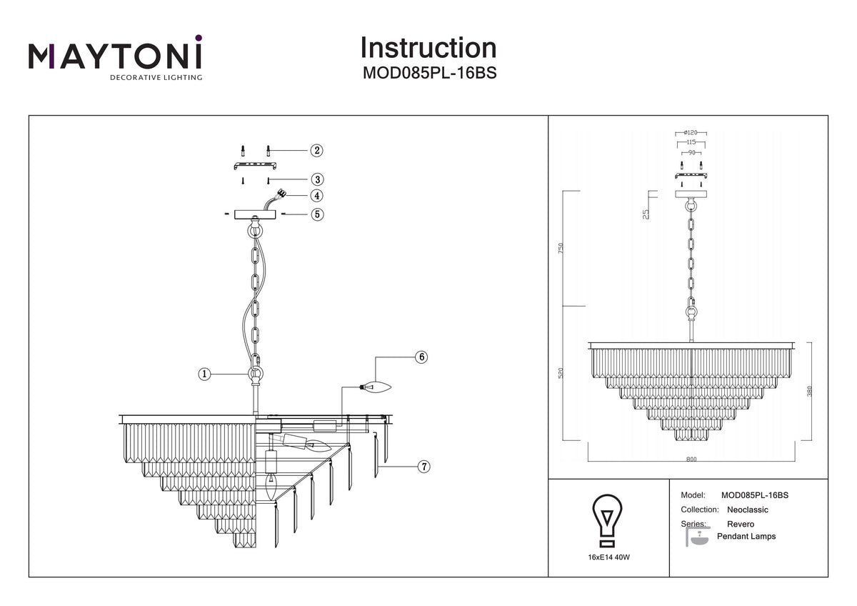 Maytoni chandelier assembly instruction diagram on a white background