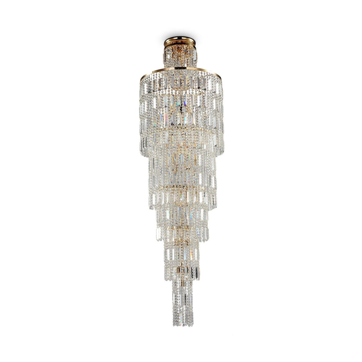 A grand 16-light Niagara cascading crystal chandelier by Maytoni. The towering, multi-layered structure is densely packed with light-refracting crystals set against a solid gold-finished base, showcasing its imposing vertical presence.