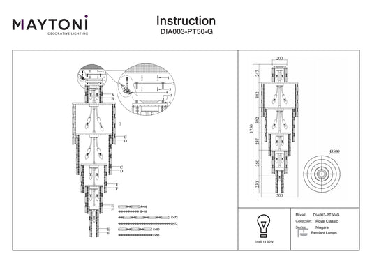 Technical drawing of a Maytoni decorative lighting product with dimensions and specifications.