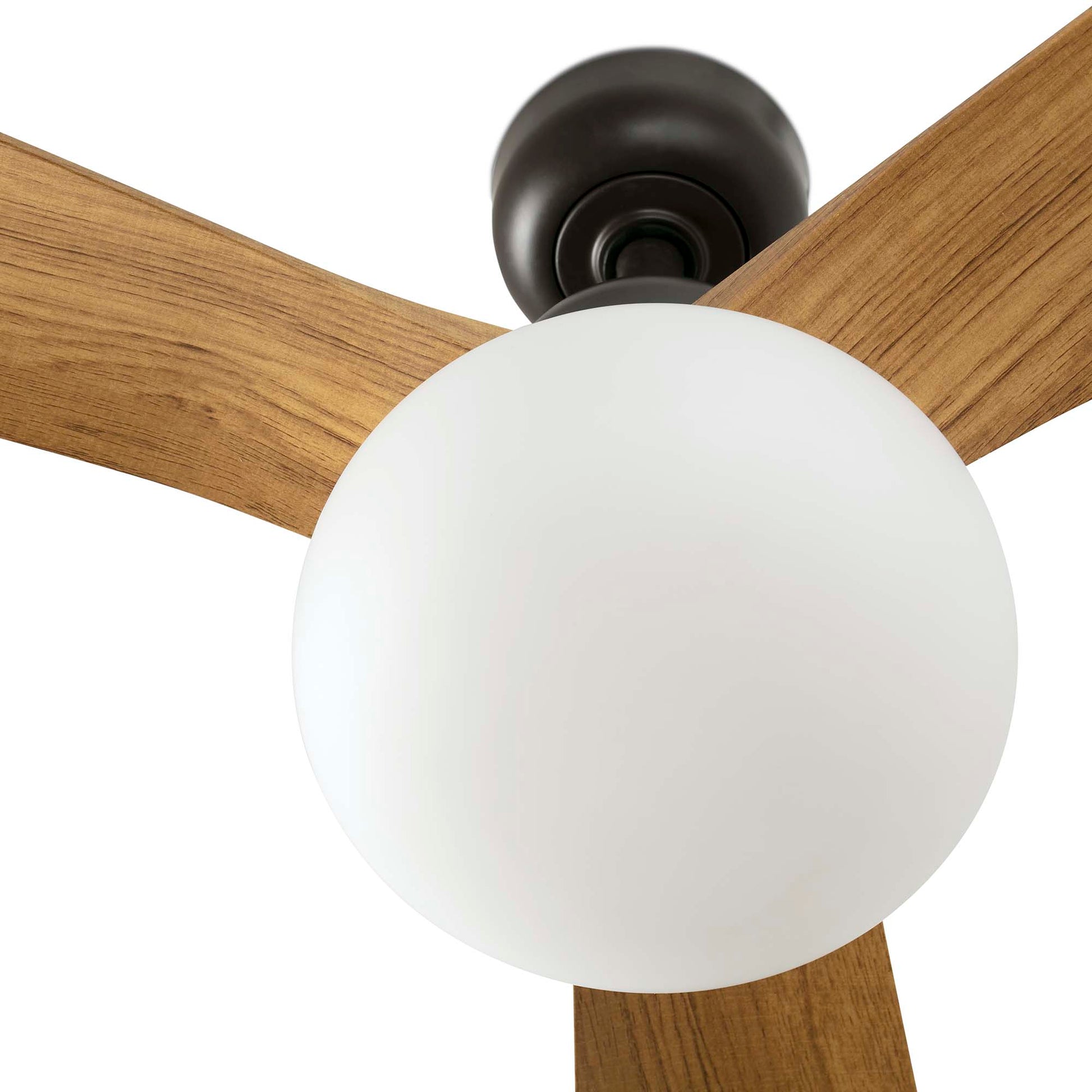 Ceiling fan with wooden blades and a white light bulb on a white background