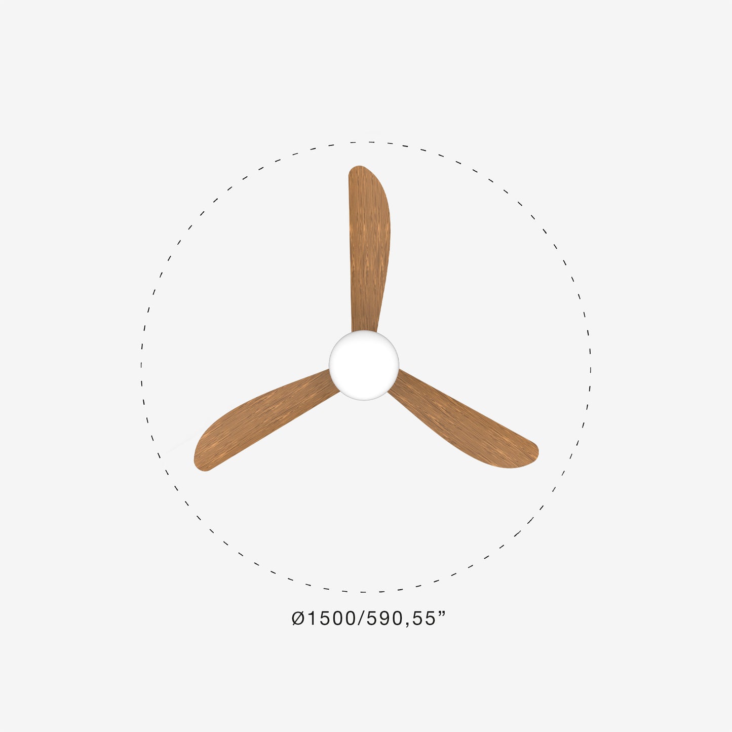 Wooden ceiling fan ip 44 with measurements on a white background